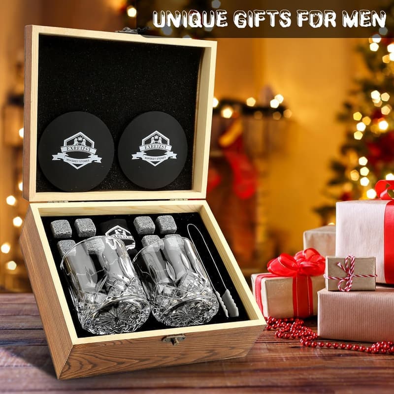 Whiskey Stones Gift Set - Granite Chilling Rocks & Glasses for Men