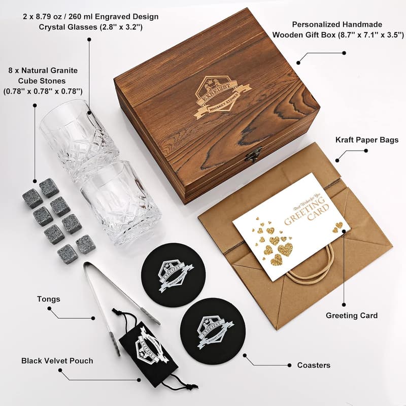 Whiskey Stones Gift Set - Granite Chilling Rocks & Glasses for Men