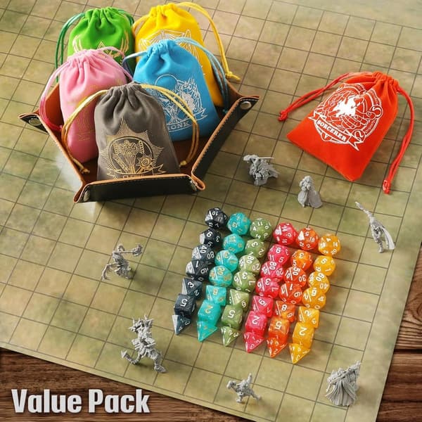 D&D Polyhedral Dice Set with Pouches and Tray - 42 Pieces