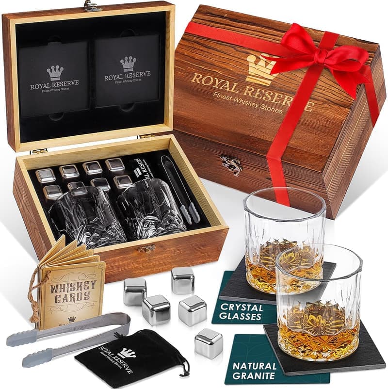 Whiskey Gift Set for Men – Glasses, Chilling Stones, Coasters, Tongs