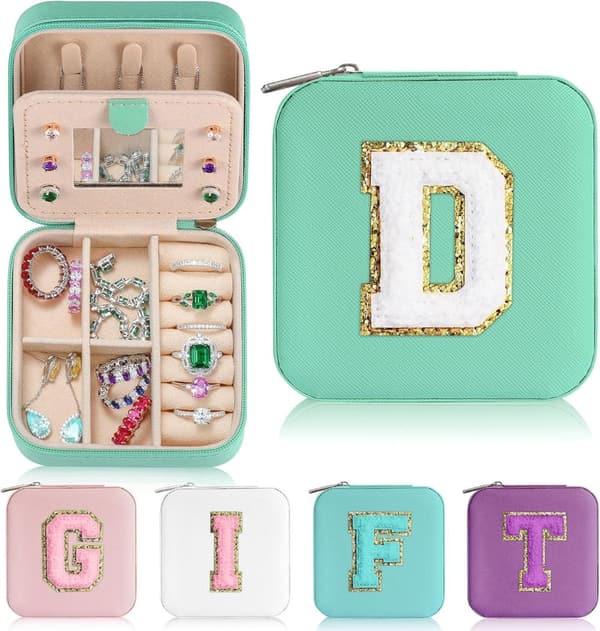 Personalized Blue Jewelry Travel Case with Initial Patches