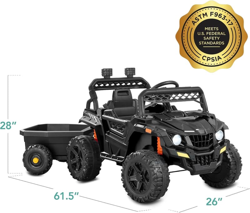 Kids 12V Electric Ride-On UTV Car with Trailer & Bluetooth - Black