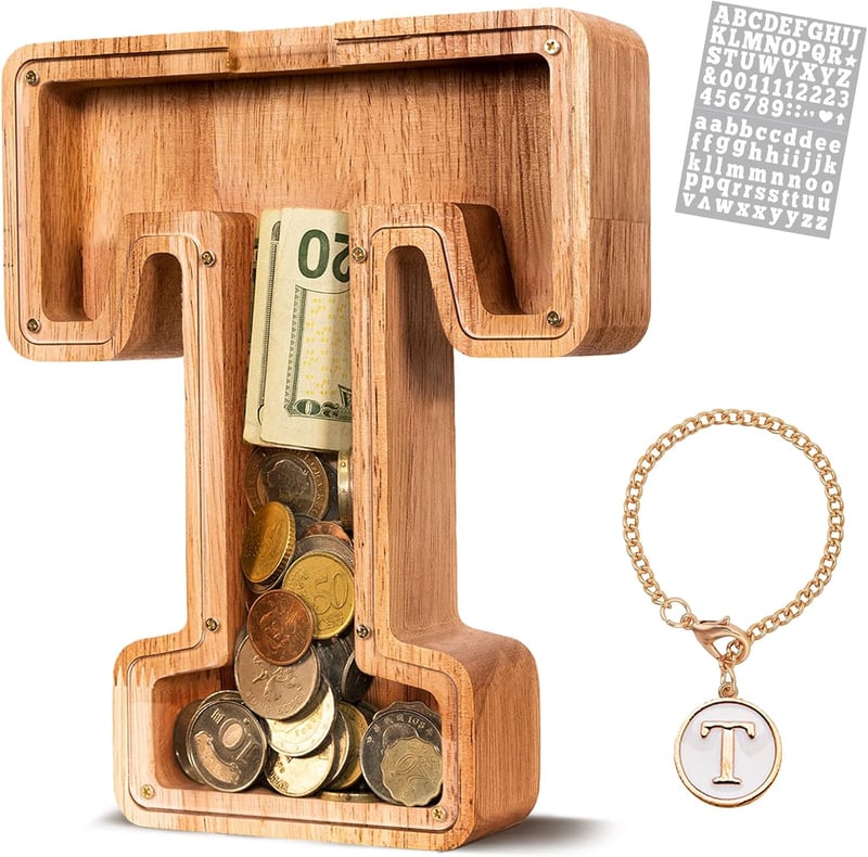 Kids' Unbreakable Wooden Letter Piggy Bank - Savings Box (T)