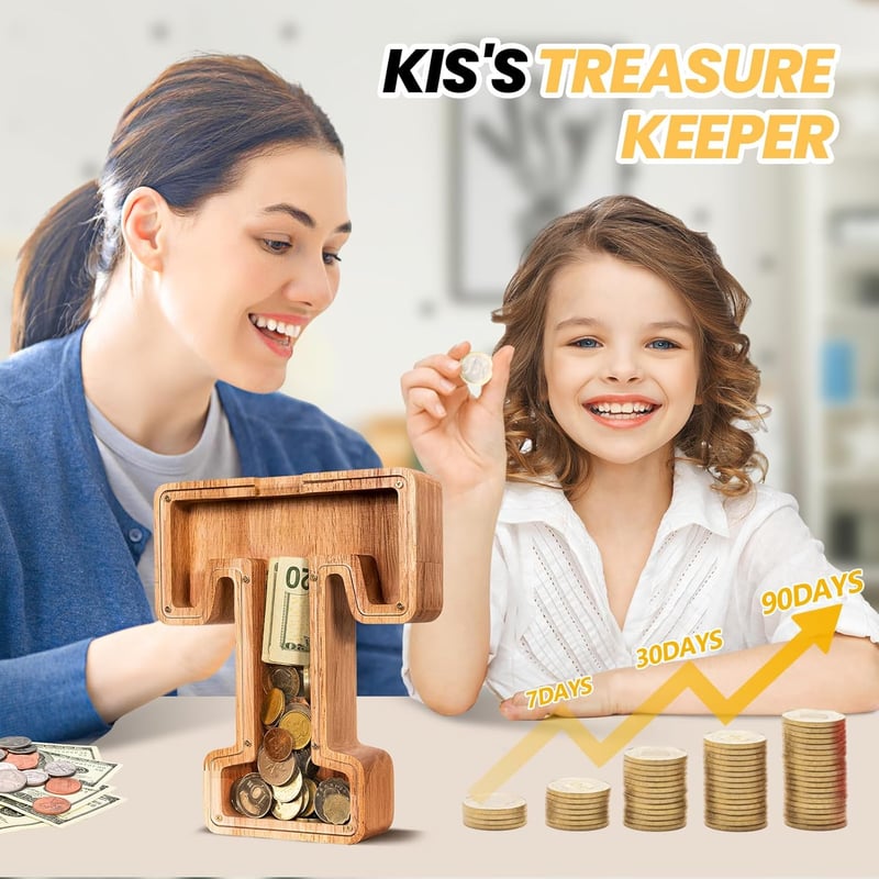 Kids' Unbreakable Wooden Letter Piggy Bank - Savings Box (T)