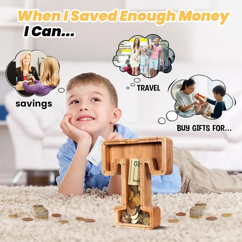 Kids' Unbreakable Wooden Letter Piggy Bank - Savings Box (T)