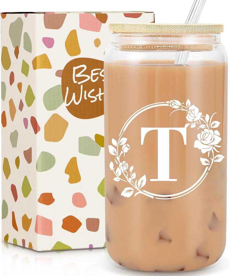 Personalized Monogrammed Glass Cup for Women - 16oz Iced Coffee