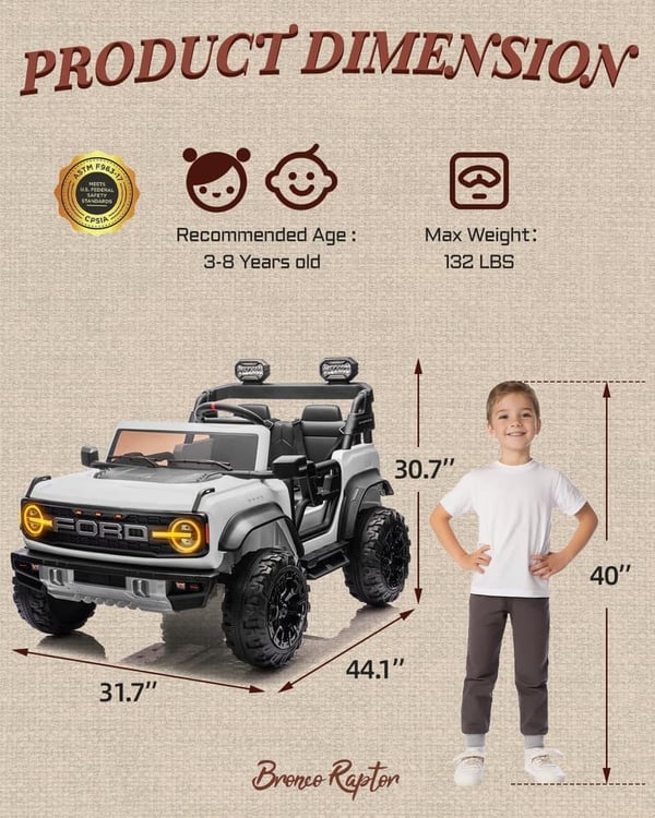 24V Ford Bronco Raptor Kids Ride-On Electric Car with Remote Control
