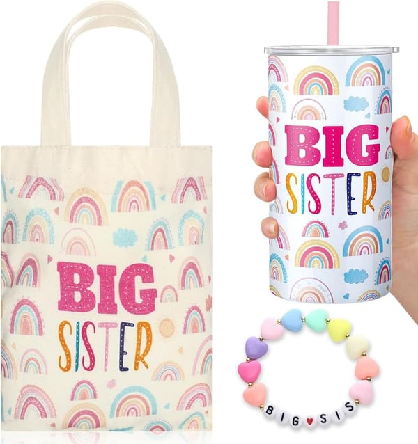 Big Sister Gift Set: 12 oz Pink Stainless Steel Tumbler & Tote