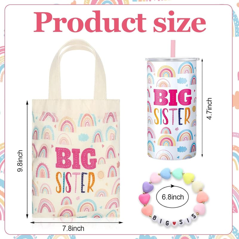 Big Sister Gift Set: 12 oz Pink Stainless Steel Tumbler & Tote