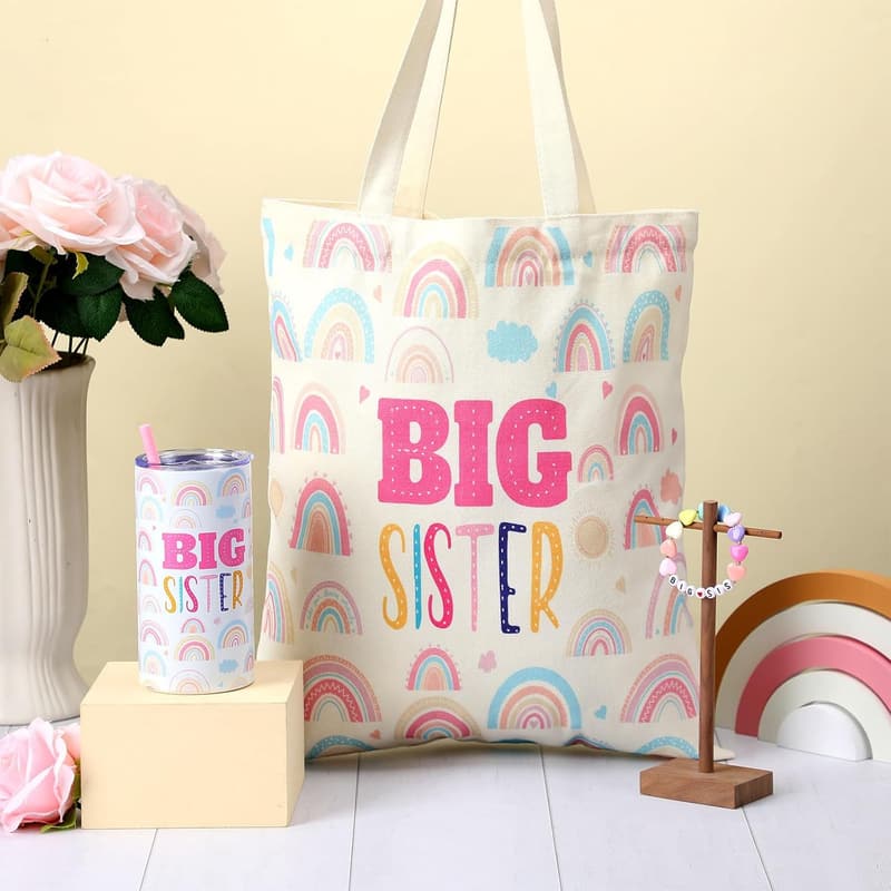 Big Sister Gift Set: 12 oz Pink Stainless Steel Tumbler & Tote