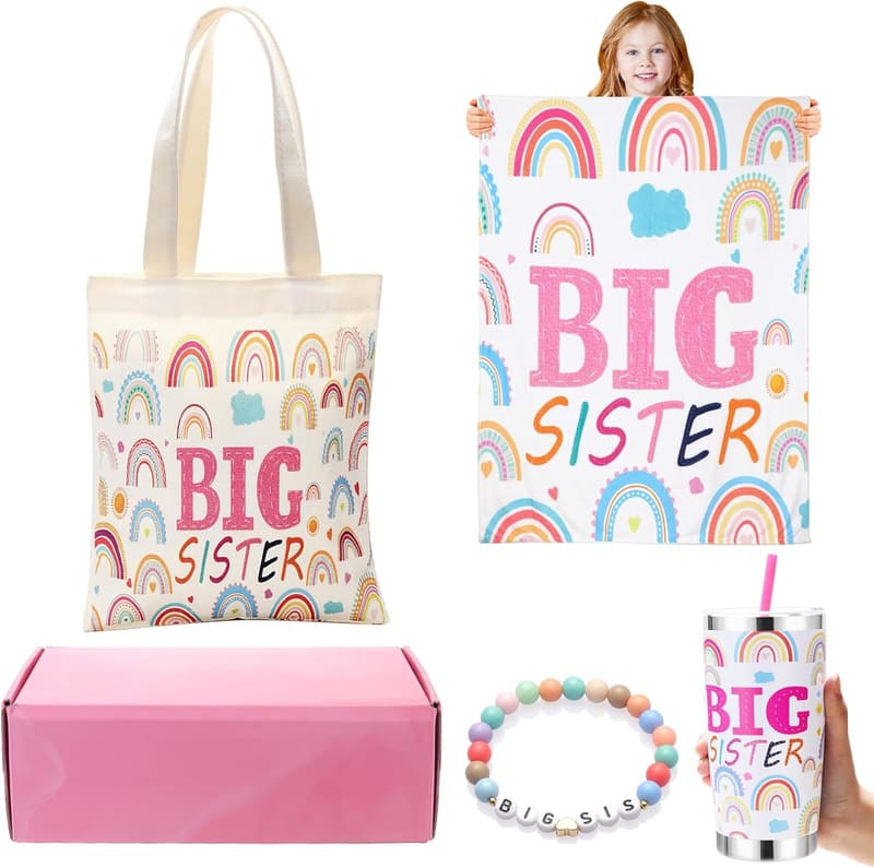 Big Sister Gift Set: 20oz Insulated Mug, Blanket, Bracelet & Tote