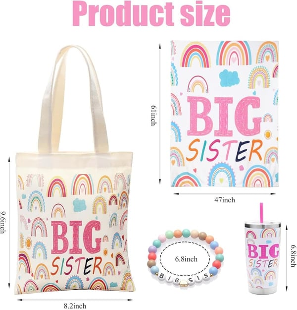 Big Sister Gift Set: 20oz Insulated Mug, Blanket, Bracelet & Tote