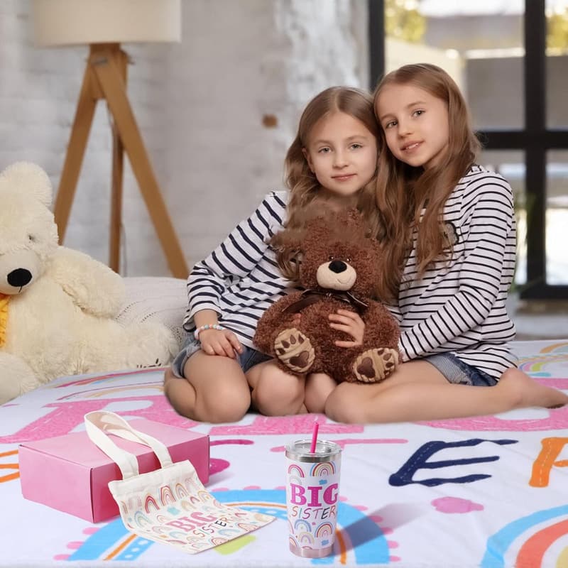 Big Sister Gift Set: 20oz Insulated Mug, Blanket, Bracelet & Tote