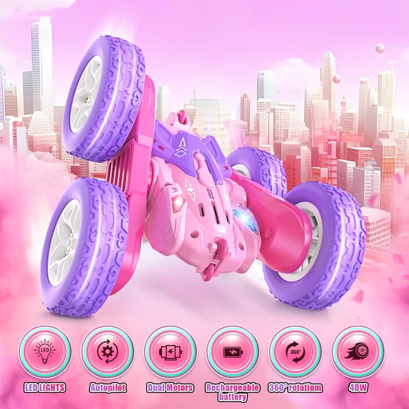 Birthday Gift: 360 Flip Stunt RC Car with LED Lights - Pink