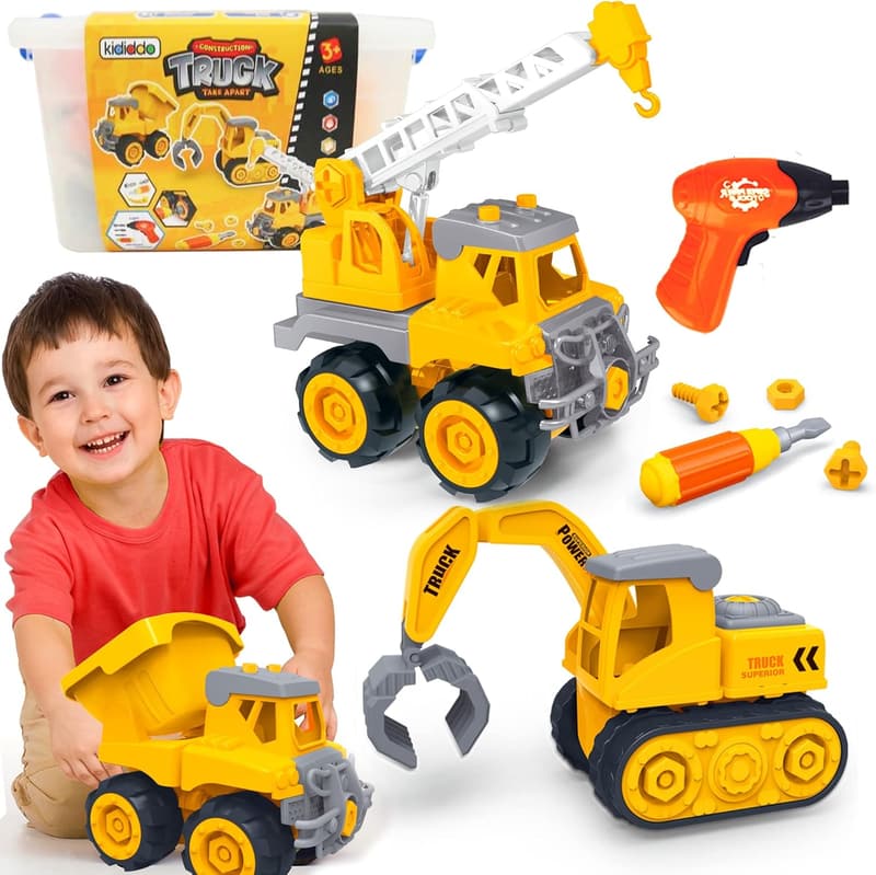 Building Trucks Take-Apart Toys Set for Ages 3-5 - Excavator, Crane, Dump Truck Educational Birthday Gift