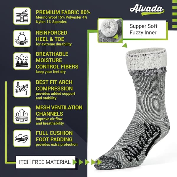 Thermal Merino Wool Hiking Socks - 3 Pairs for Men & Women