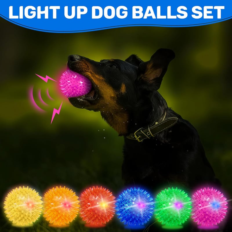 Light Up Squeaky Dog Balls - 6 Pack for Small & Medium Dogs