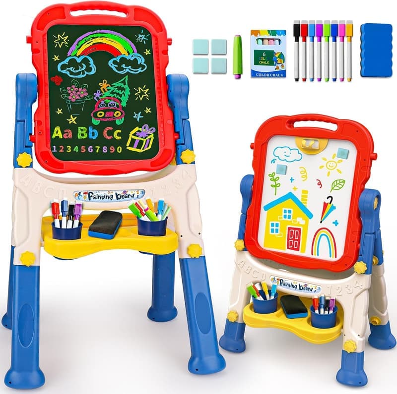 Adjustable Kids' Easel with Magnetic Whiteboard & Chalkboard for Ages 2-4