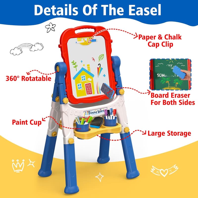 Adjustable Kids' Easel with Magnetic Whiteboard & Chalkboard for Ages 2-4