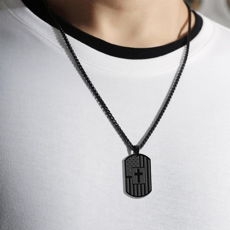Graduation Gift: American Flag Dog Tag Cross Necklace for Men