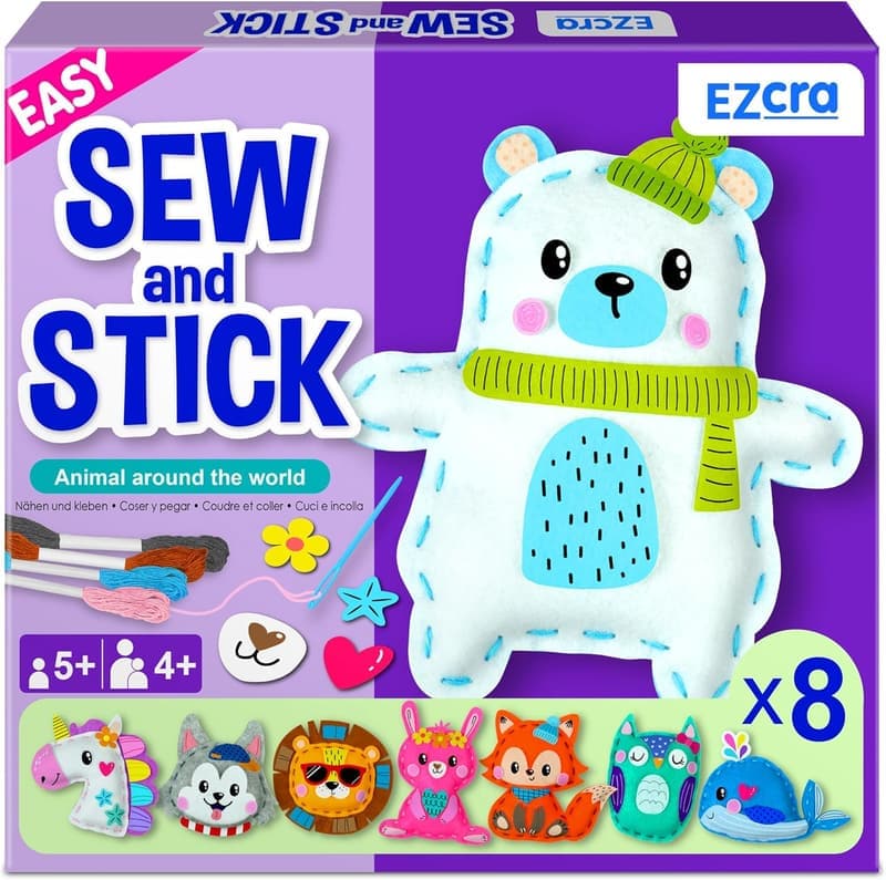 Kids Craft Kit: 8-in-1 Animal Sewing Projects - No Mess, Ages 4-8