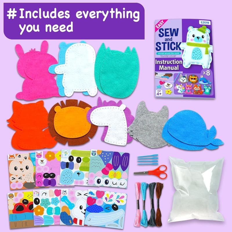 Kids Craft Kit: 8-in-1 Animal Sewing Projects - No Mess, Ages 4-8
