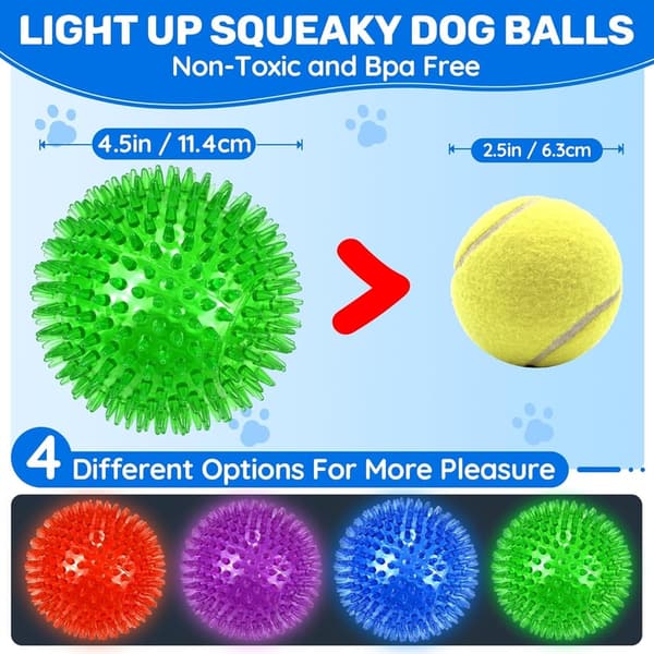 Light-Up Squeaky Dog Balls for Medium & Large Dogs - 4 Pack