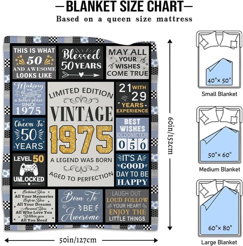 50th Birthday Vintage Blanket for Men - 1975 Edition, 50