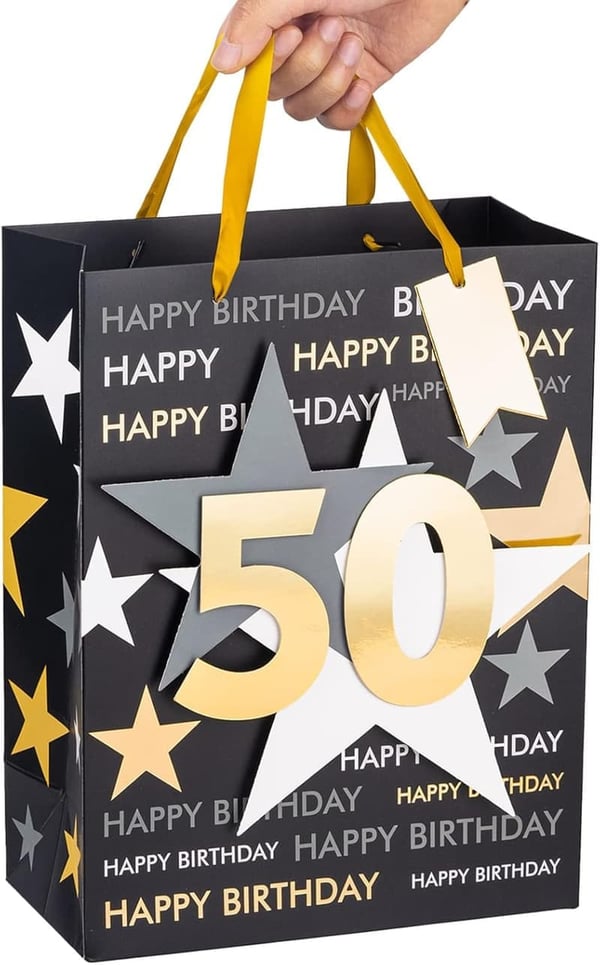 50th Birthday Gift Bag with Tissue Paper and Card, Black Gold