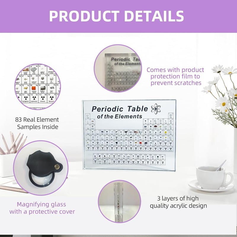 Periodic Table with Real Elements & Magnifying Glass - Unique Educational Gift