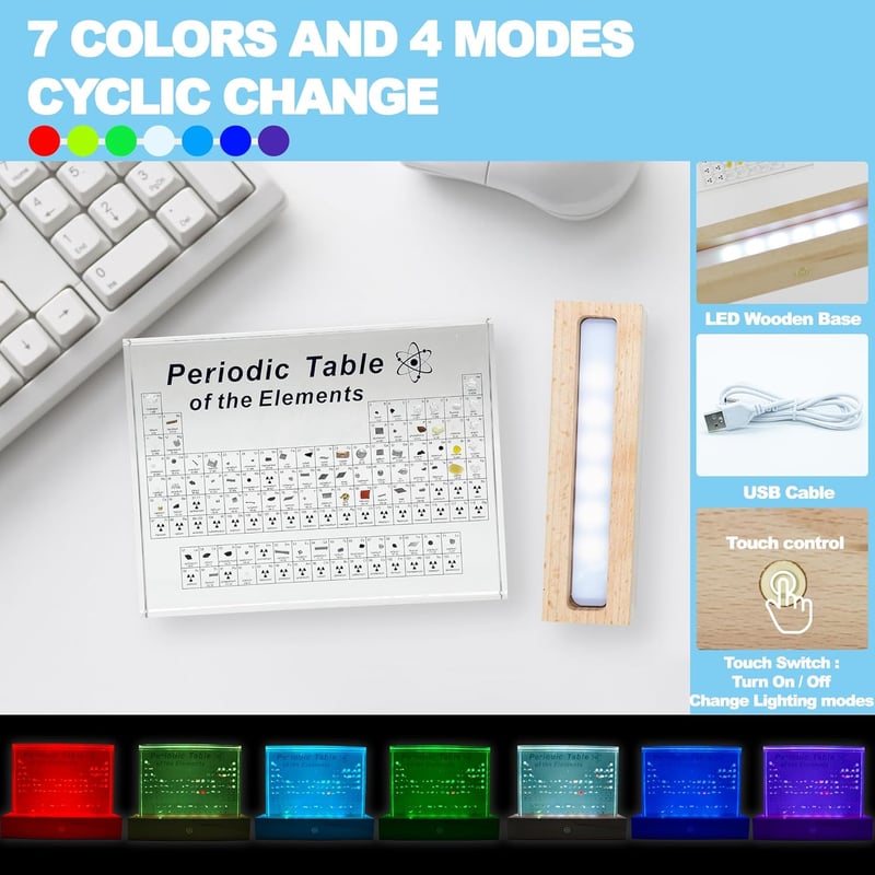 3D Acrylic Periodic Table with Real Elements and LED Stand