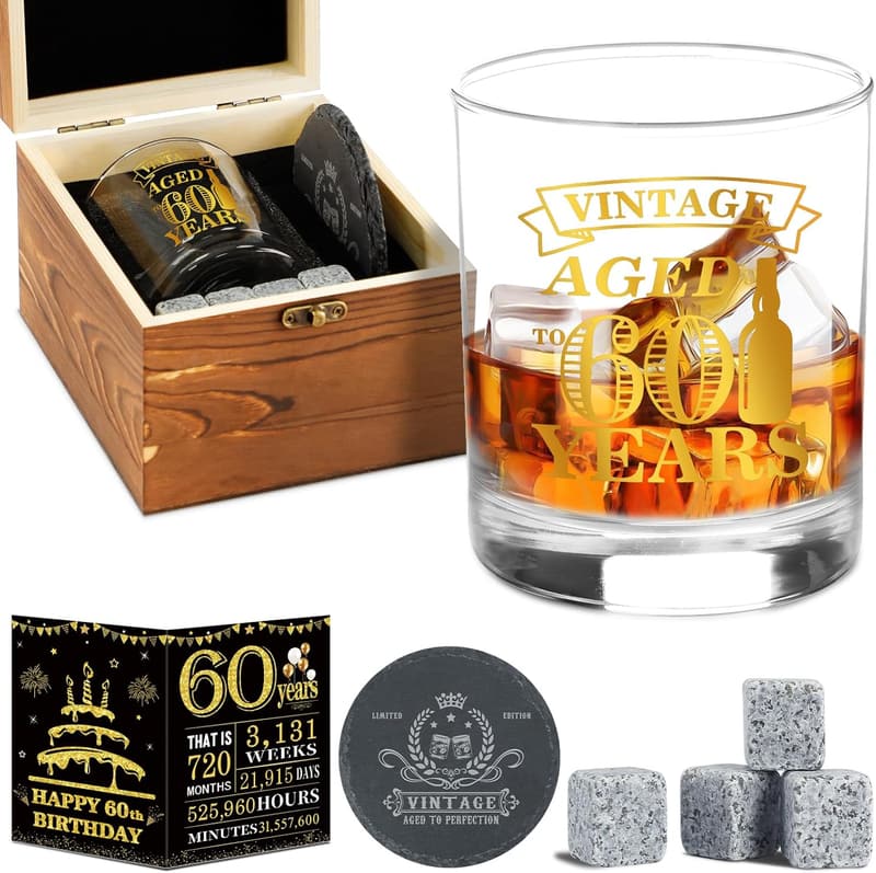 60th Birthday Whiskey Glass Set for Men - Vintage Gift Box