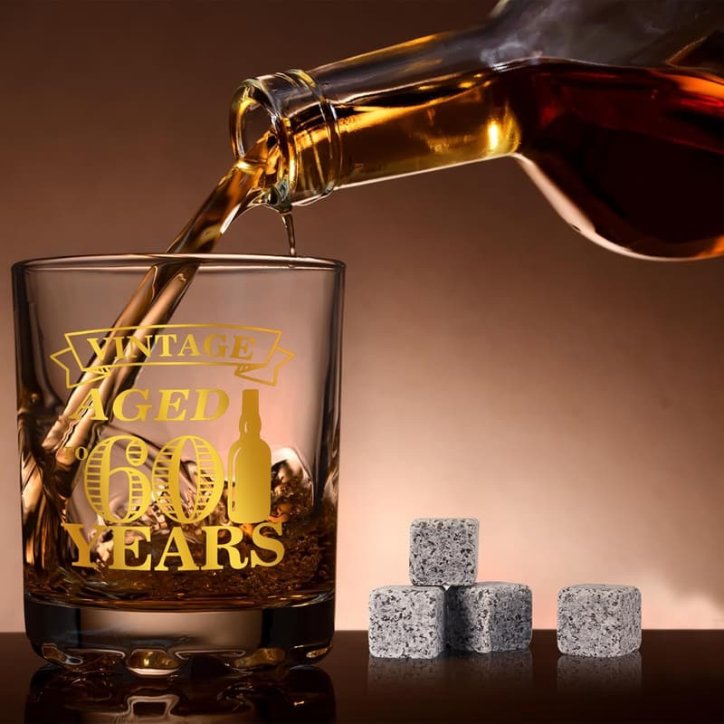 60th Birthday Whiskey Glass Set for Men - Vintage Gift Box