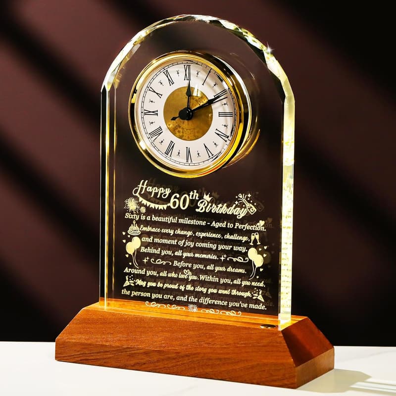 60th Birthday Glass Clock Gift for Him & Her with Wooden Base