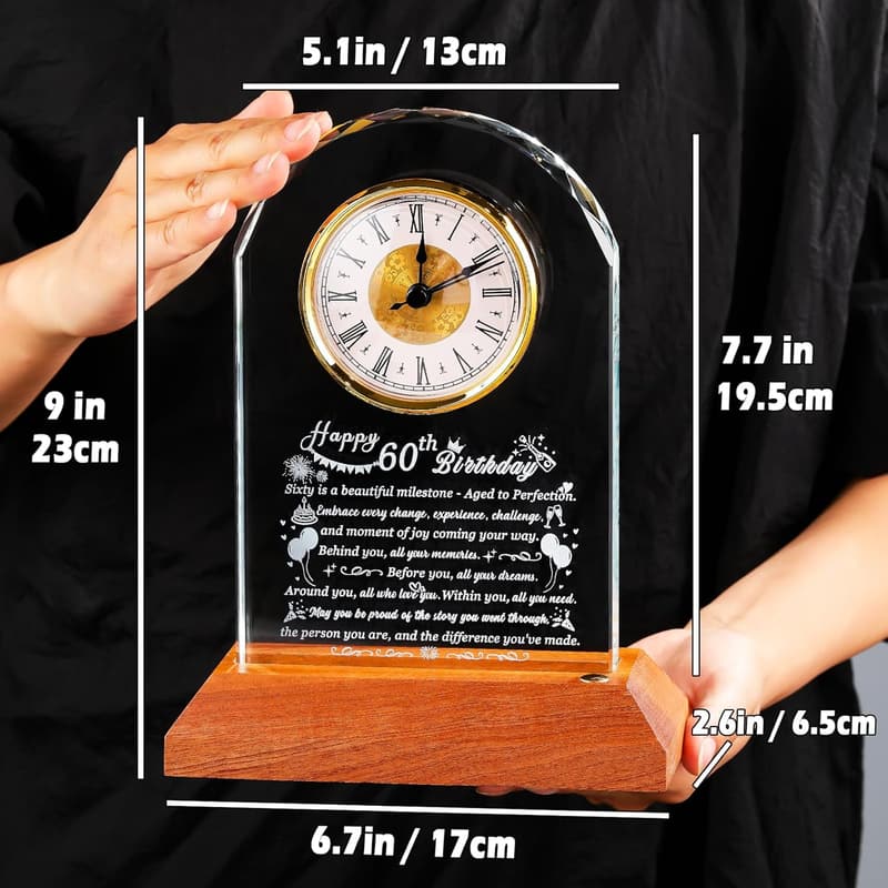 60th Birthday Glass Clock Gift for Him & Her with Wooden Base