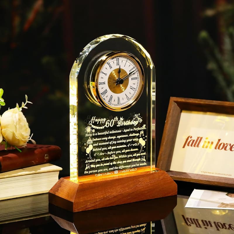 60th Birthday Glass Clock Gift for Him & Her with Wooden Base