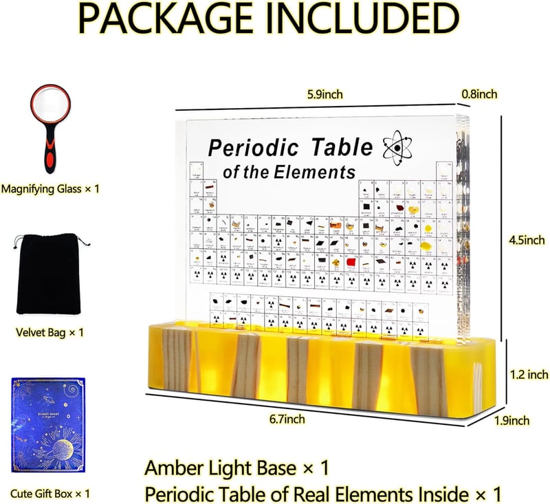 Amber Lighted Acrylic Periodic Table of Real Elements Decor
