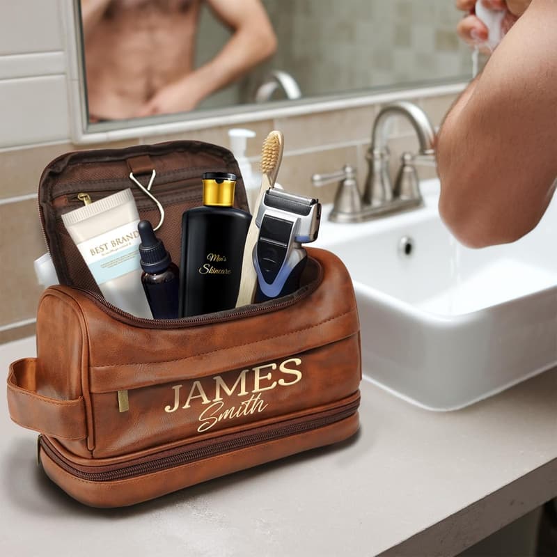 Custom Leather Toiletry Bag for Men - Personalized Travel Dopp Kit