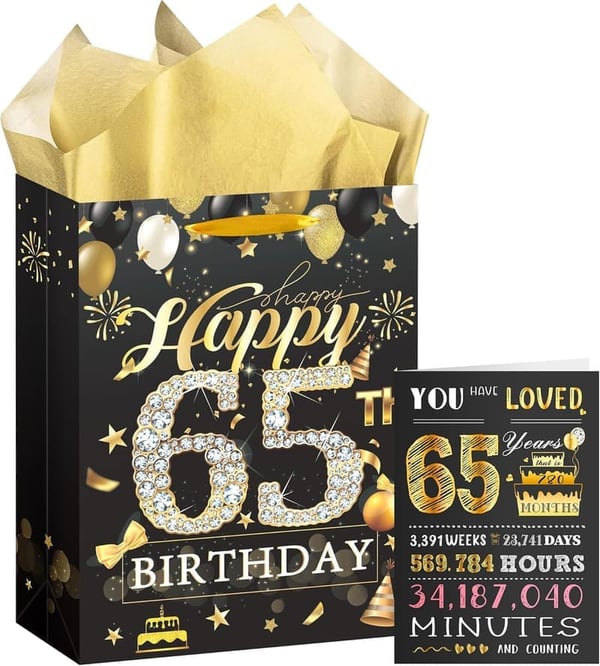 65th Birthday Gift Bag with Card & Tissue for Men & Women