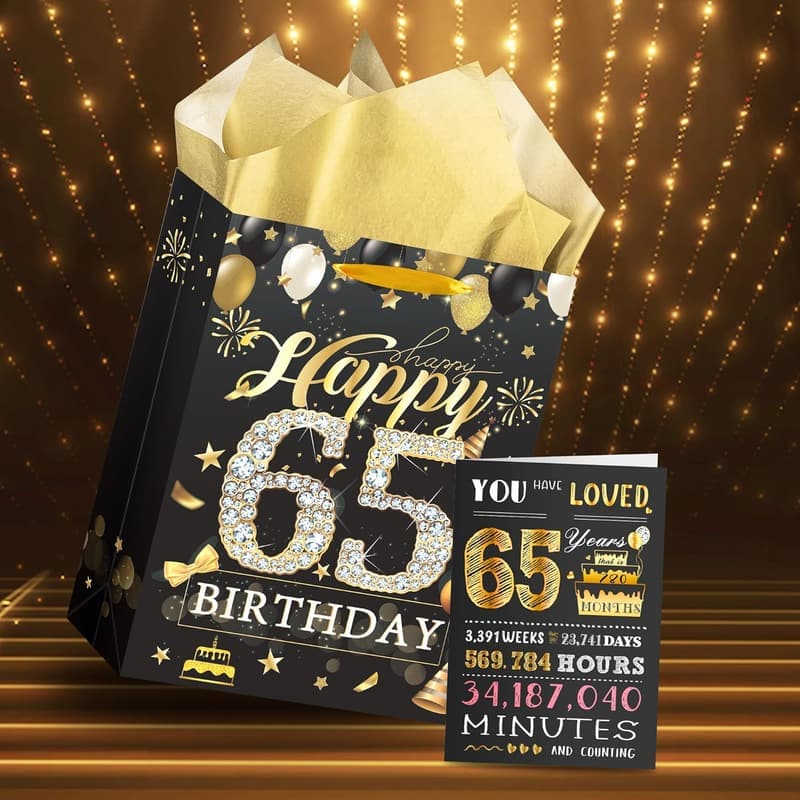 65th Birthday Gift Bag with Card & Tissue for Men & Women