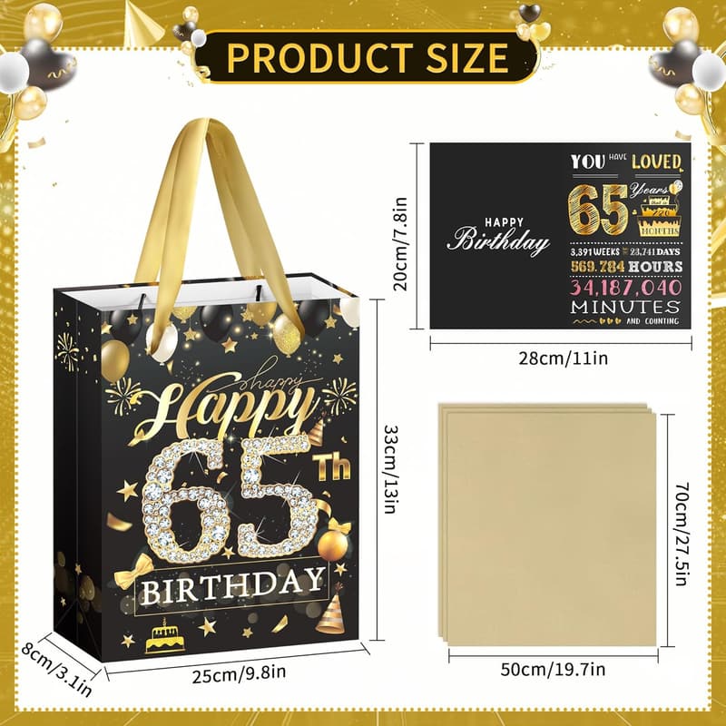65th Birthday Gift Bag with Card & Tissue for Men & Women