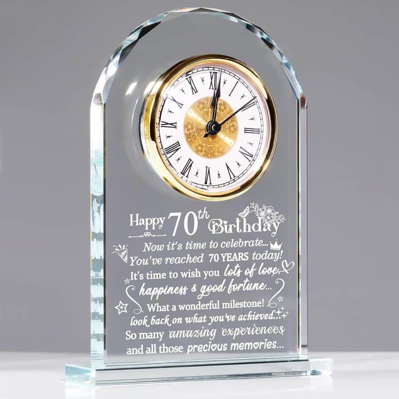 70th Birthday Glass Clock Gift for Him & Her, Keepsake Decor