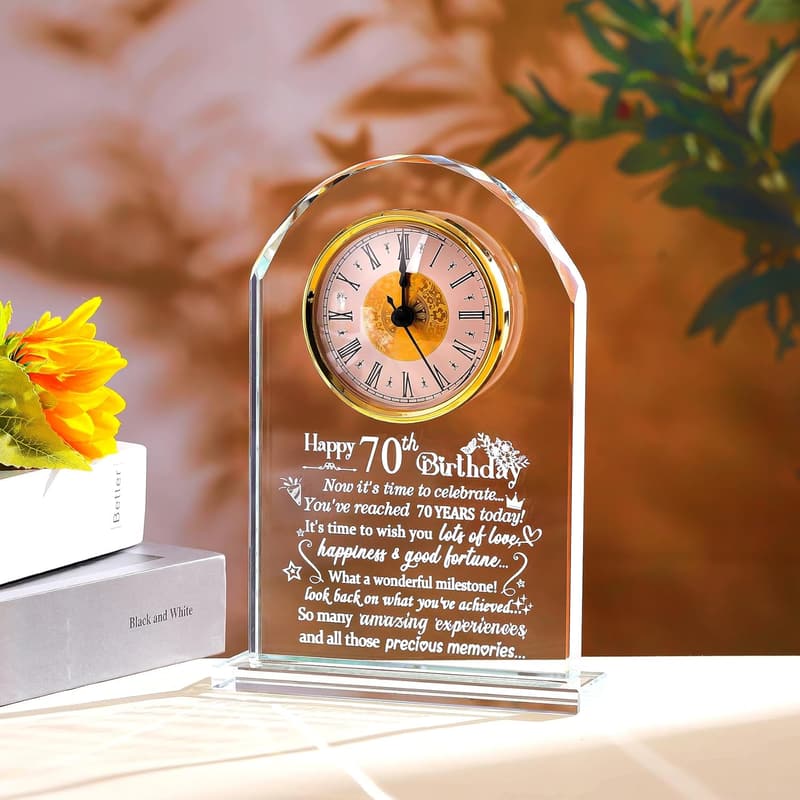 70th Birthday Glass Clock Gift for Him & Her, Keepsake Decor