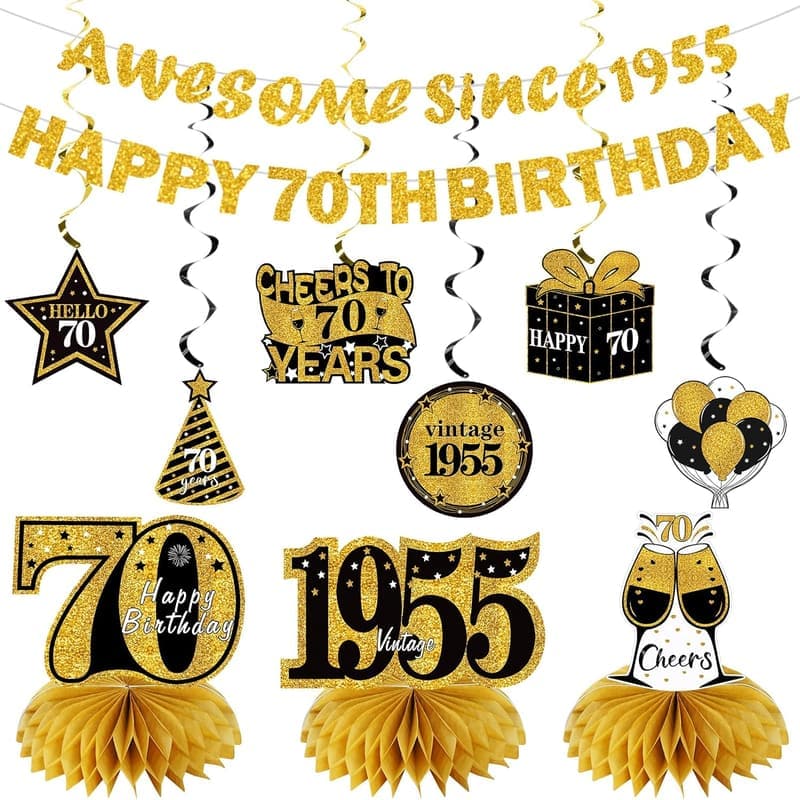 70th Birthday Decorations Kit for Men & Women - Black Gold Banner & Centerpieces