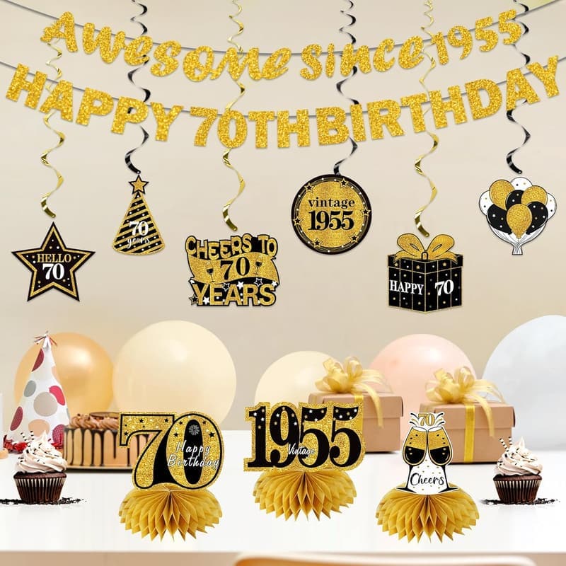 70th Birthday Decorations Kit for Men & Women - Black Gold Banner & Centerpieces