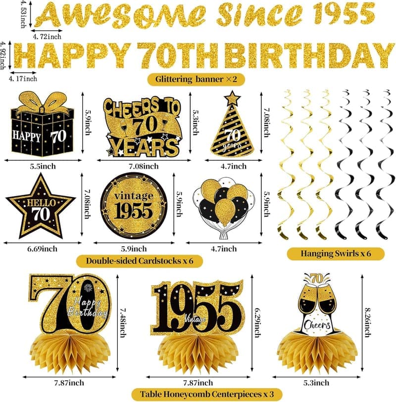 70th Birthday Decorations Kit for Men & Women - Black Gold Banner & Centerpieces