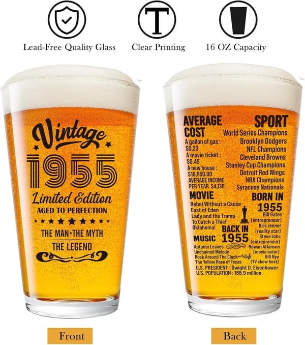 70th Birthday Vintage Beer Glass Gift for Him
