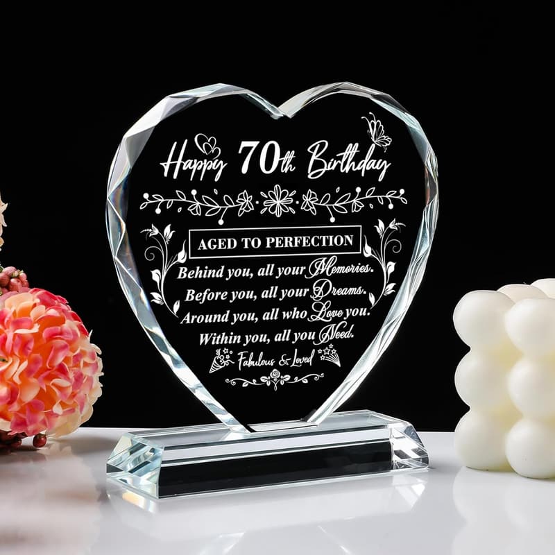70th Birthday Laser Glass Heart Gift for Him/Her