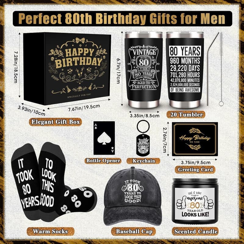 80th Birthday Gift Box for Men: Tumbler, Candle, Socks & Cap