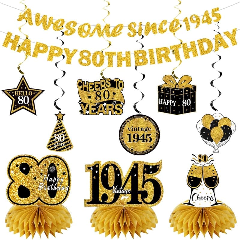 80th Birthday Party Decorations Kit - Black Gold Banner & Centerpieces